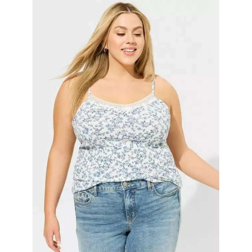 Torrid Floral‎ Lace Trim Cami Tank Top White Blue Plus Size 2 NWT - Picture 4 of 10